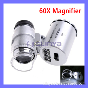 60X Pocket Magnifier Microscope Loupe LED Black Leather Pouch Color Box (9882)